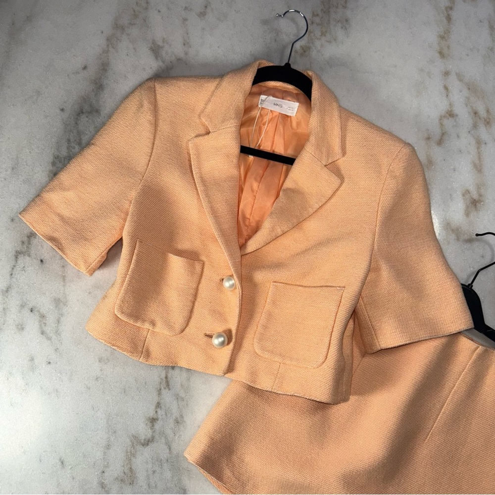 Mango Peach Tweed Cropped Short Sleeve Blazer And Mini Skirt Set Womens XS EUC - Picture 6 of 17
